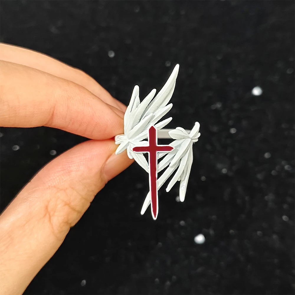 Gothic Style White Wings and Red Cross Ring Dark Gothic Style Red and White Contrasting Color Personalized Women's Ring