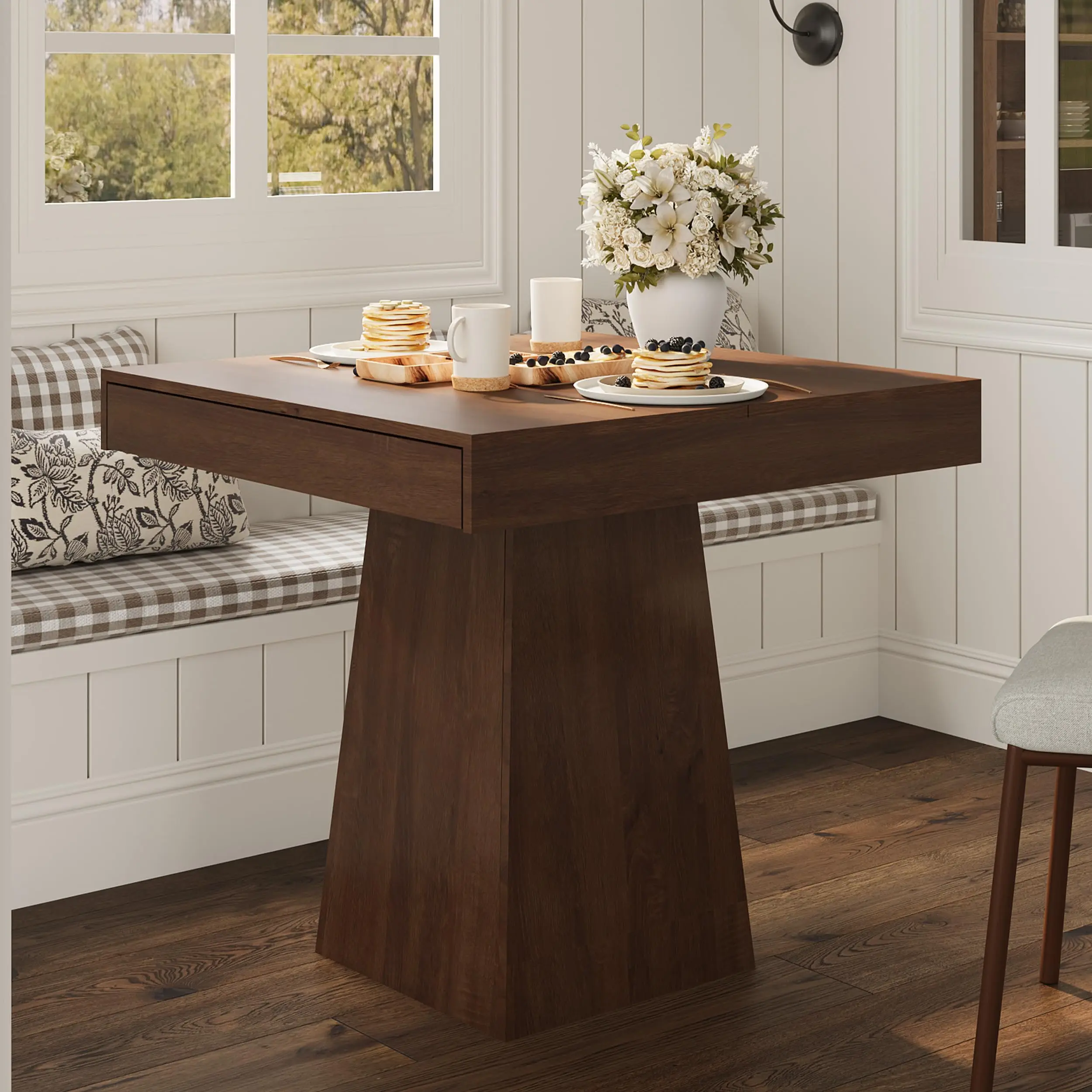 31.5 Inch Square Farmhouse Dining Table with 2 Built-In Storage Drawers, T-Shaped Stable Base Wood Kitchen Table for Apartment Breakfast Nook