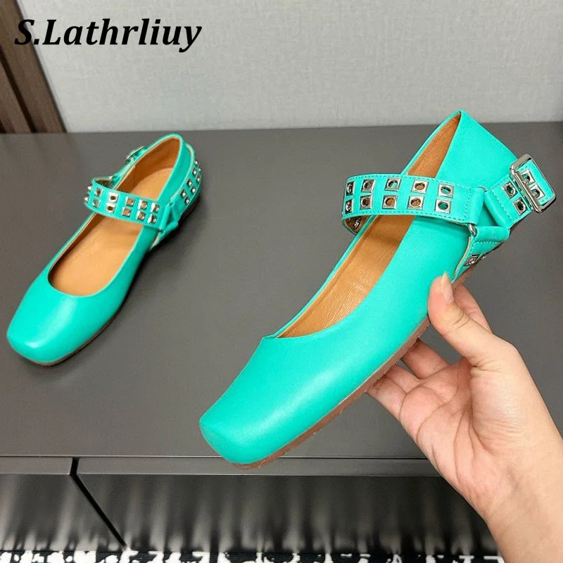 

2024 Spring Autumn Square Toe Mary Jane Shoes Women's Genuine Leather Shallow Mouth Ballet Shoes Belt Buckle Flat Single Shoes