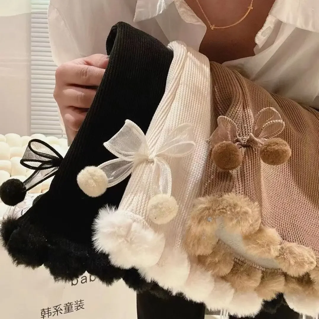 2025AW Girls Casual Fleece Pants Ribbed Fashion New Kids Cute Fake Fur Bow Korean Pant Children Clothes Trousers