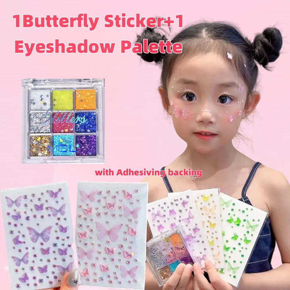 

1 лист 3D наклейка для лица с драгоценными камнями-бабочками + 1 шт. набор палитр теней для век самоклеящийся декор для глаз детские татуировки принцессы-русалки с бриллиантами