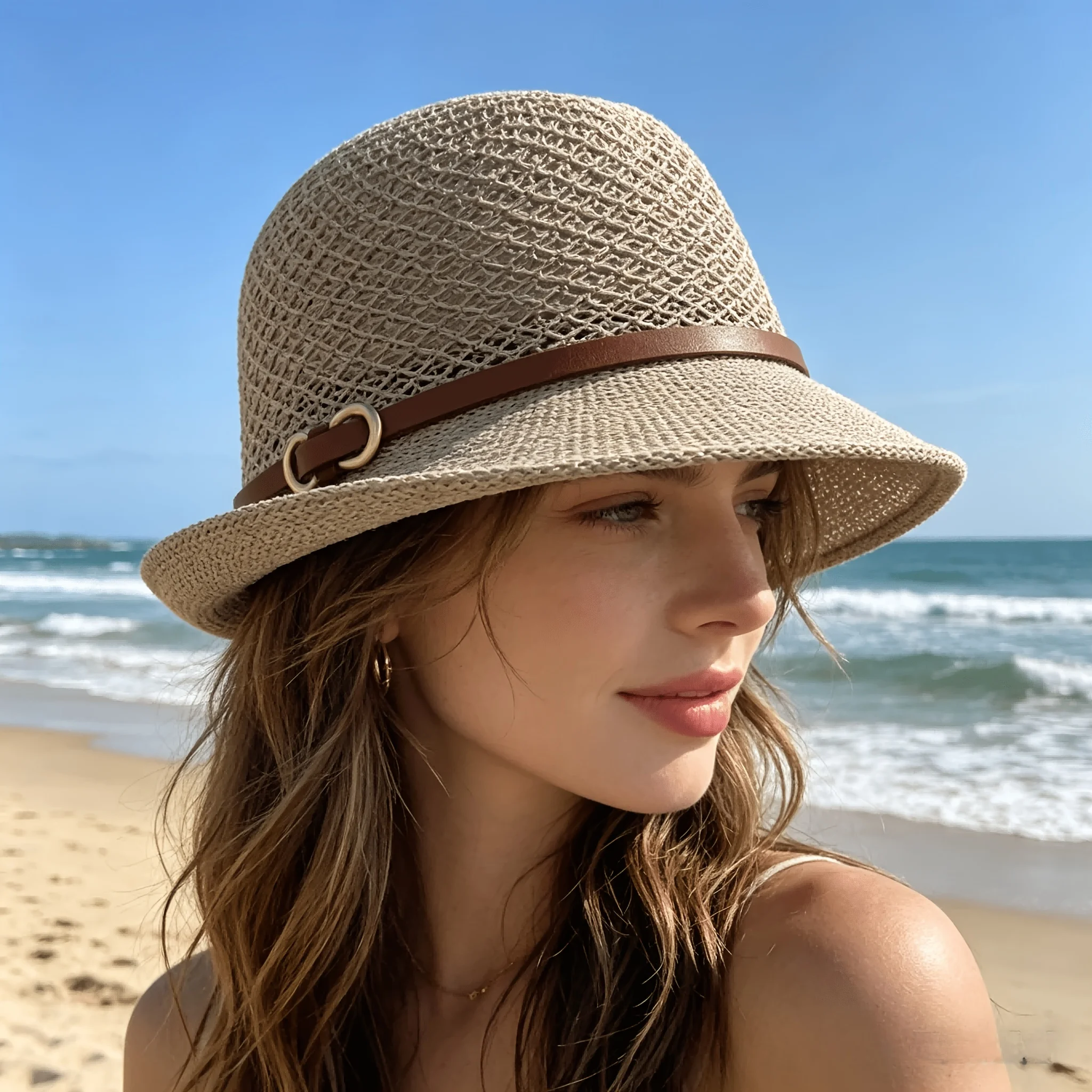

Elegant women's beach straw hat with belt embellishment - breathable openwork sun hat summer travel vacation bucket hat