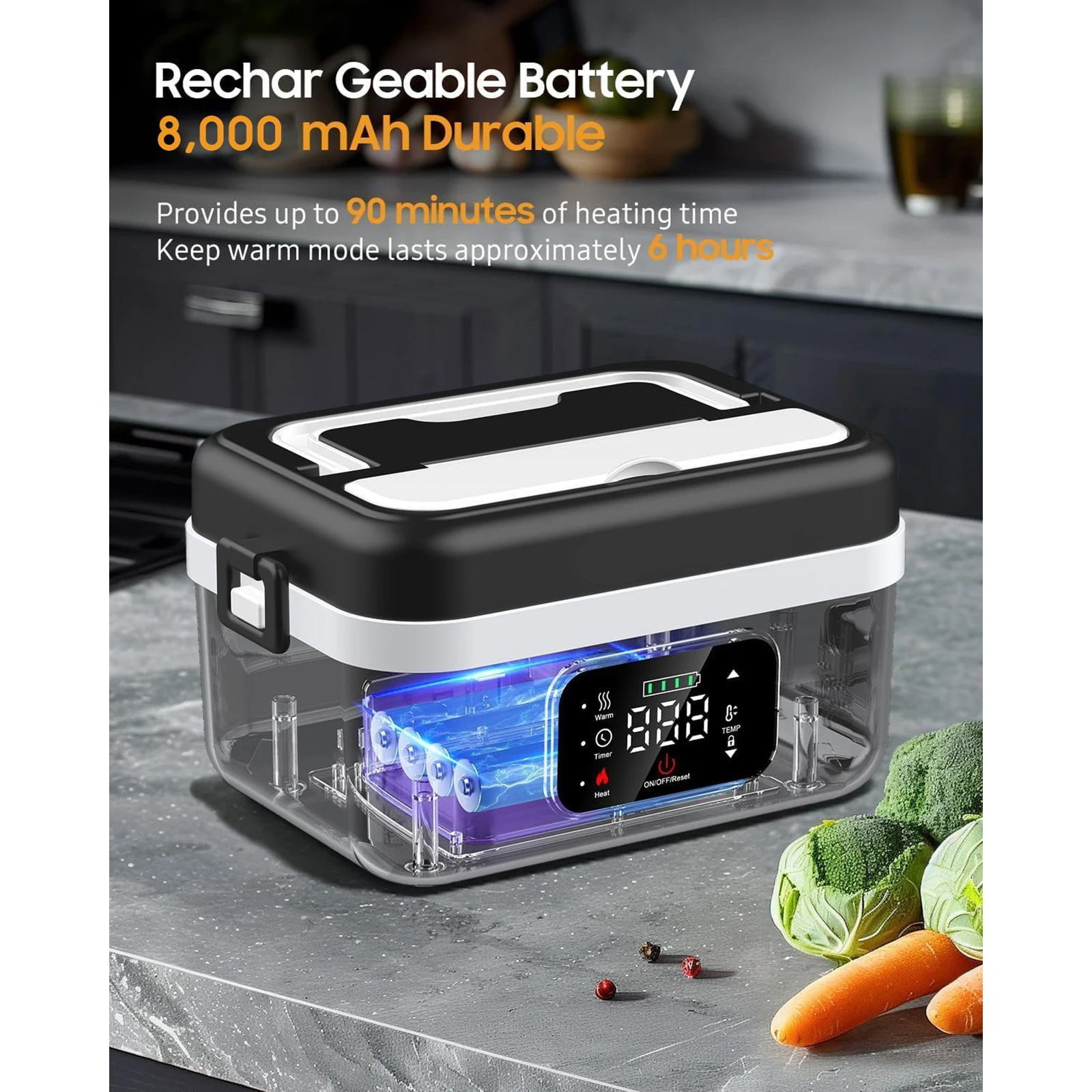 Cordless Electric Lunch Box with Timer, Portable 1L Rechargeable Self-Heating Food Warmer for Adults, Ideal for Work and Travel