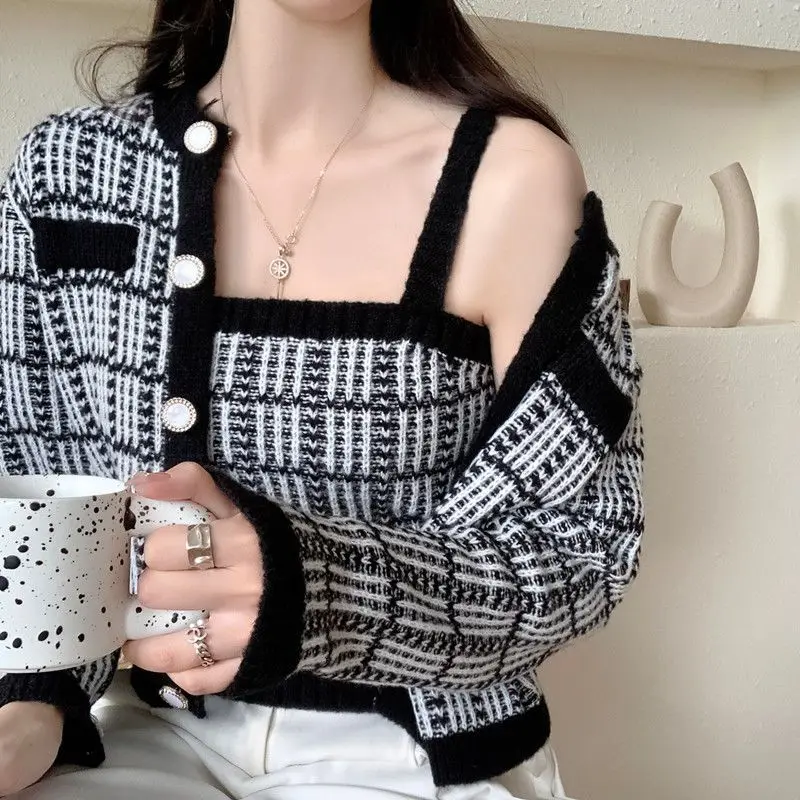 Suit Women\'s Spring Autumn New Plaid Cardigan Long Sleeve Youth Sweaters Coat Knitting Short Tank Top Fashion Sweet Clothing