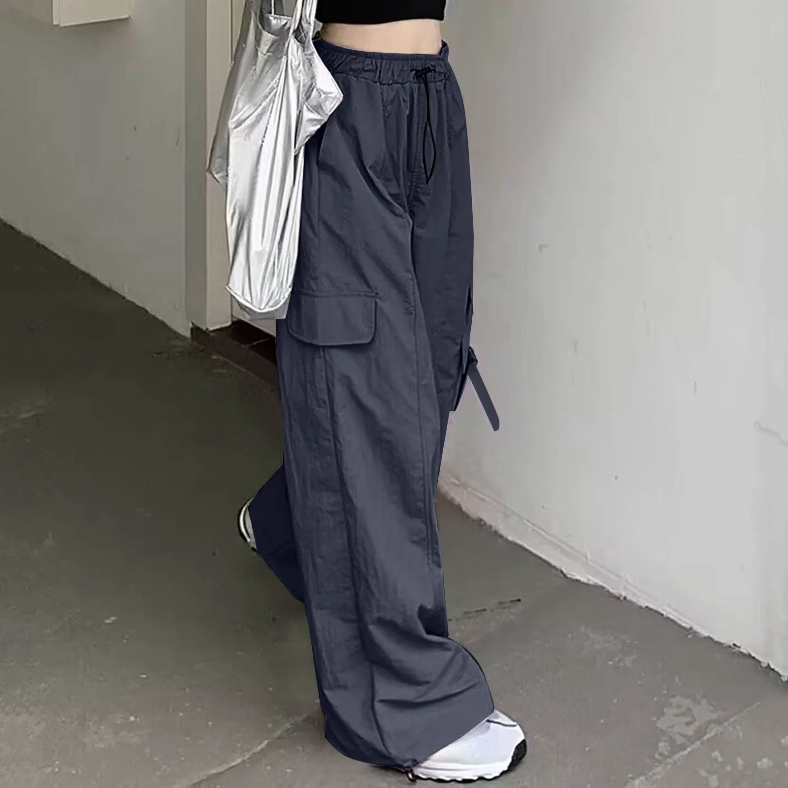 Japanese Casual Loose Wide Leg Trousers For Women Baggy Cargo Pants Streetwear Hip Hop Joggers Sweatpants Drawstring Pantalones