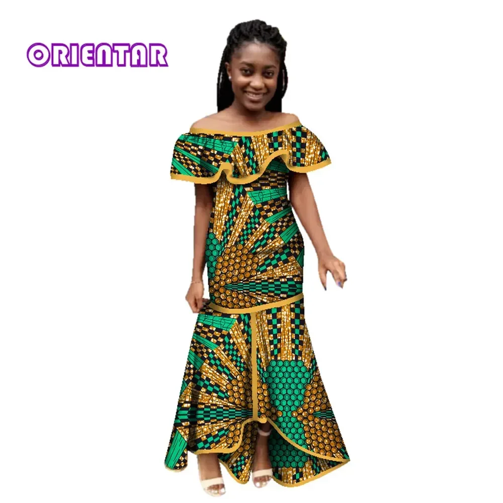 Fashion Women African Dress Slash Neck Long Maxi Dress Bazin Riche African Print Clothing for Women Party Evening Dress WY2781