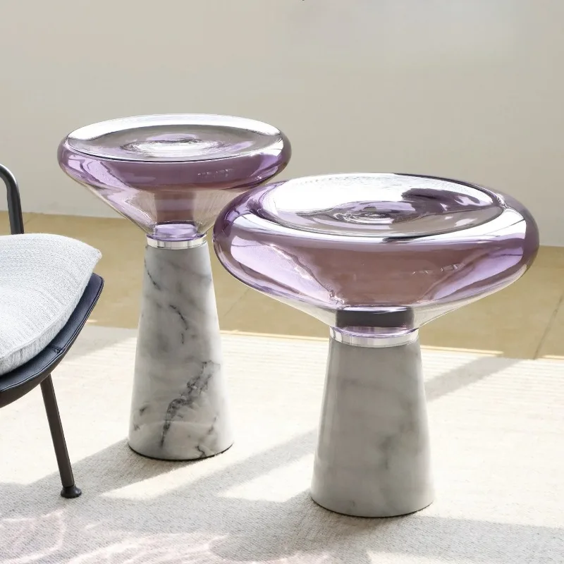 

Modern simple marble sofa edge table, movable Italian minimalist creative stained glass coffee table