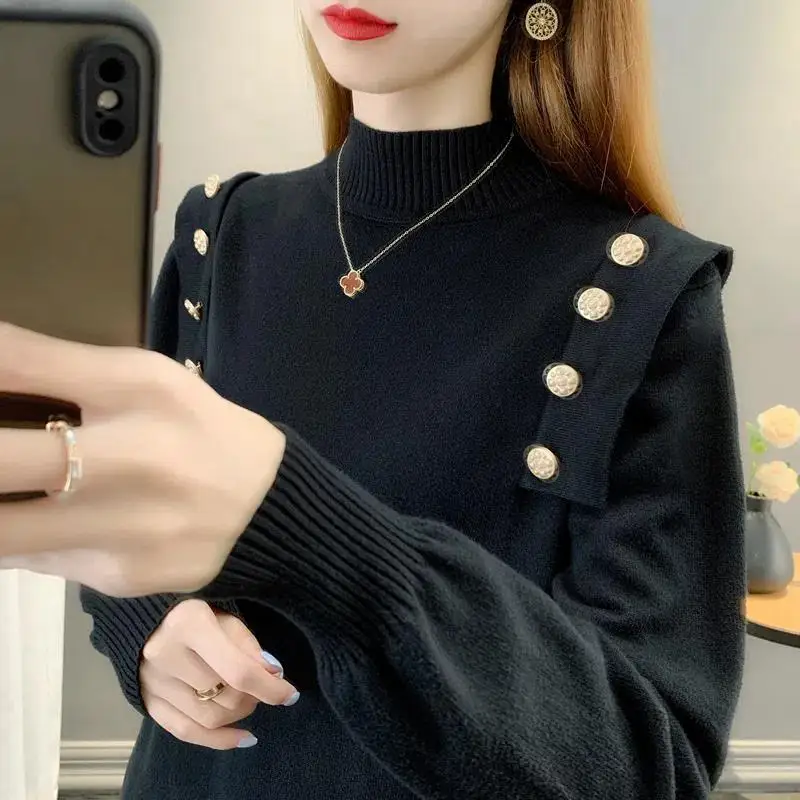 Fall Winter Half-Turtleneck Sweater Women Button Patchwork Long Sleeve Knit Pullover All-Match Bottoming Kniwear Top Oversized
