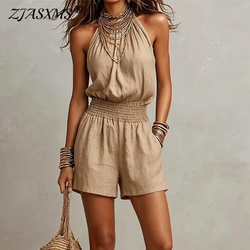 

Women Solid Halter Neck Short Jumpsuit Sleeveless Loose High Waist Wide Leg Romper Casual Summer Vacation Playsuit With Pockets