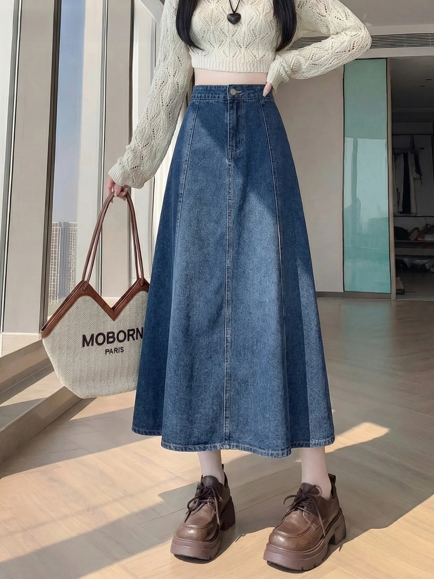High Waist A-Line Denim Skirt Women's Autumn Winter New Style Midi Skirt Trendy Casual Polyester Fiber No Ironing Treatment