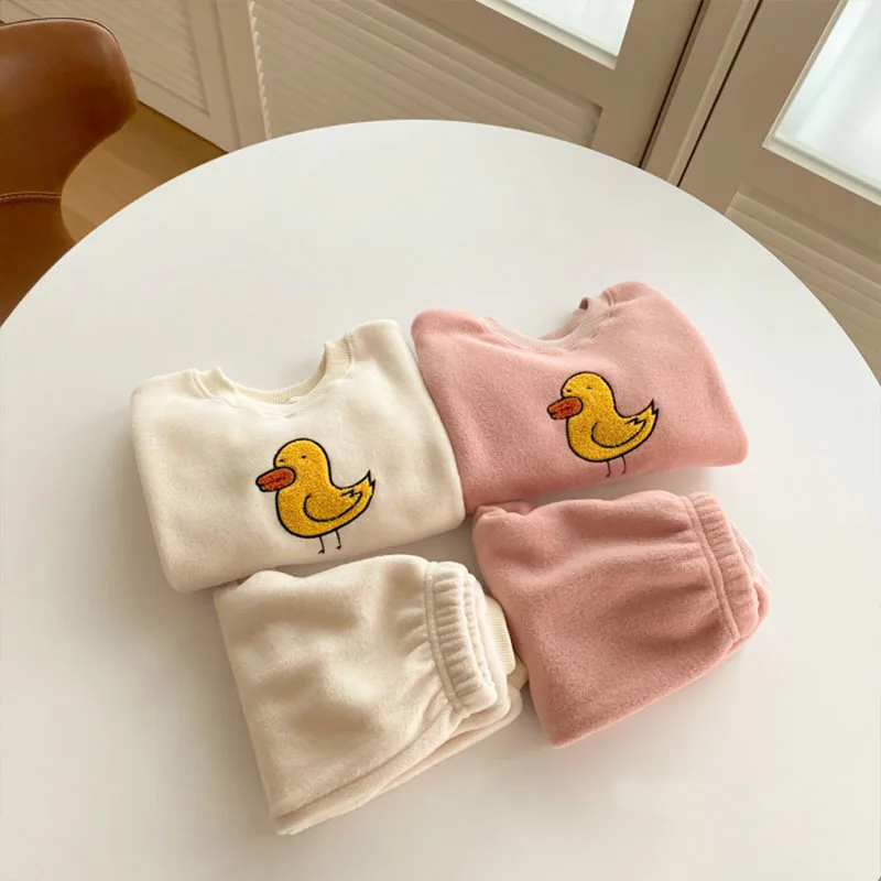 

2025 Winter New Baby Long Sleeve Fleece Sweatshirt Set Girls Cute Cartoon Pullover + Pants 2pcs Suit Toddler Boys Casual Outfits