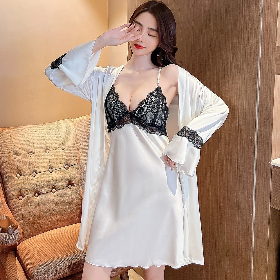 

Twinset Robe Set Women Satin Bathrobe Gown Sleep Suit Loungewear Summer Lace Kimono Sleepwear Nightdress Home Clothes