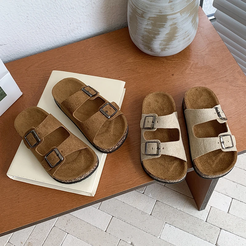 

Children's Sandals Double Buckle Slides - Brown/Beige Suede Strap Comfortable Summer Casual Sandals Zapatos De Niña Girl Shoes