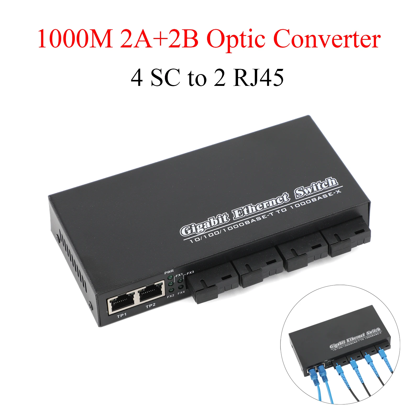 

1Pcs 1000M Optic Media Converter 4 SC to 2 RJ45 Gigabit Fiber Optical Transceiver 2A+2B Ports 1310nm/1550nm 20KM Ethernet Switch