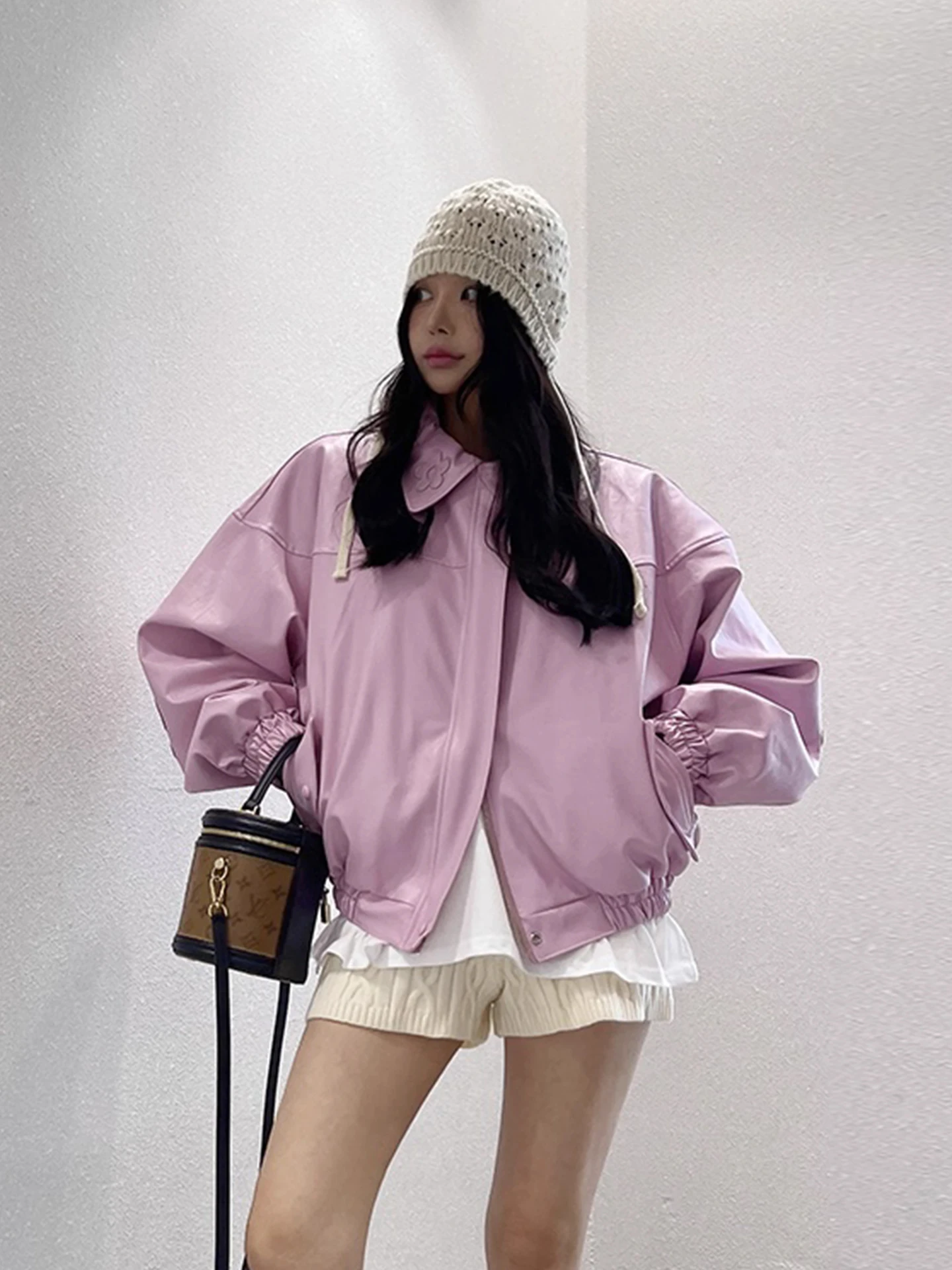 Frauen Herbst Winter Streetwear Zip Up Lose Pu Leder Jacke Dame Langarm Faux Leder Drehen Unten Kragen Outwear Top