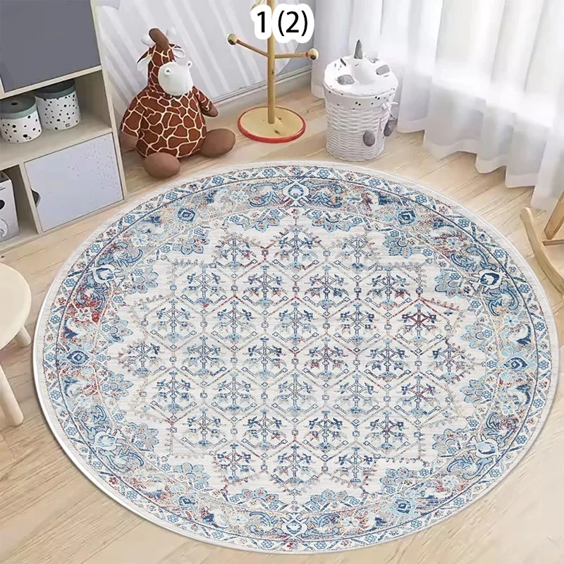 Boho Round Rug Non-Slip Retro Blue White Moroccan Trellis Design Non-slip Washable Carpet for Living Room Bedroom Room