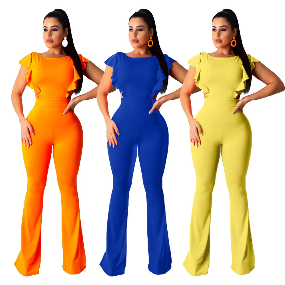 

Long Casual Flying Sleeves Solid Color Wide-leg Horn Jumpsuit 2026 Spring And Summer New Temperament Women's High Street