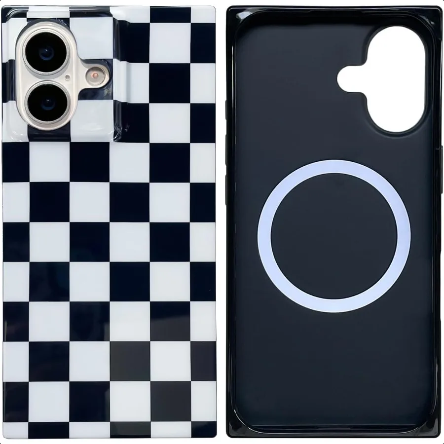 

Checkered Strong Magnetic Rec Case for iPhone 16 6.1[Compatible with MagSafe] Black White Gingham Checkerboard Trendy Cool Girl