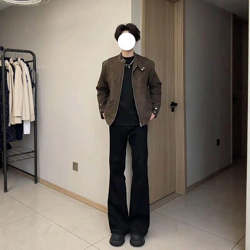 

Мужские джинсы с высокой талией, прямого кроя, зауженные, весенние, высококачественные, американского стиля, с улучшенной талией, слегка расклешенные, эластичные