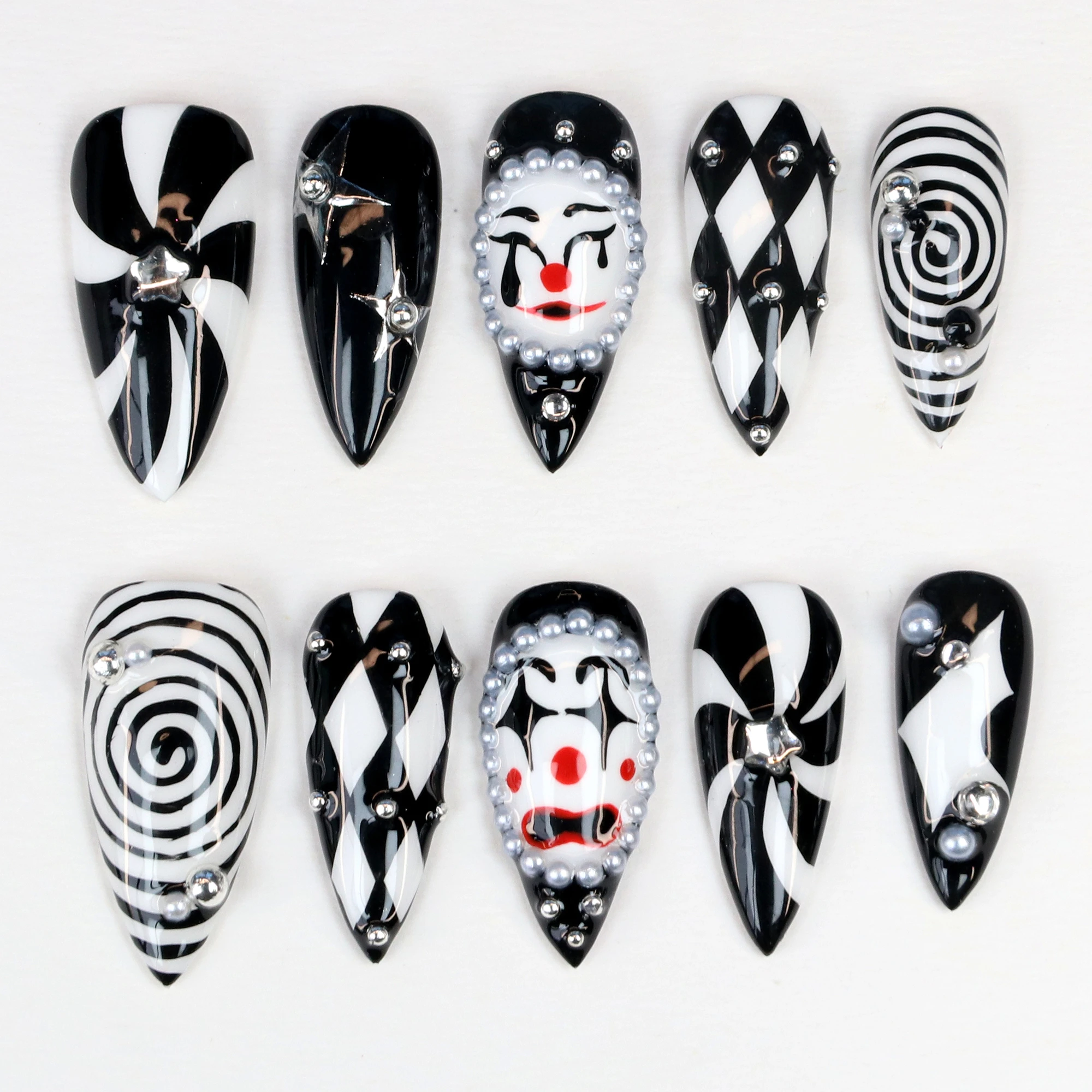 10Pcs 3Dl handmade Manicure Press On Nails, Clown Acrylic Fake Handpainted Custom Design All Saints' Day Adhesive Nail File Set
