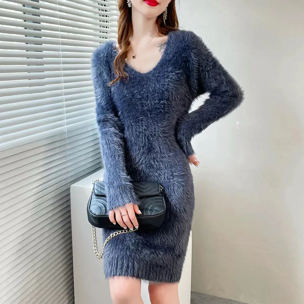 2023New Mink Velvet Women's Knit Dress Autumn Winter Elastic Slim Bottoming Sweater Long Sleeve V Neck Office Lady Elegant Dress