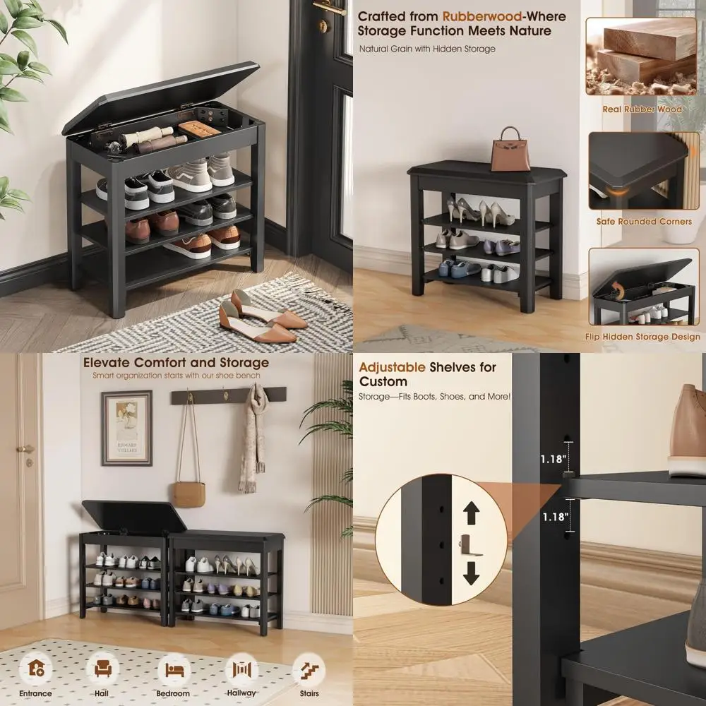 

Mid-Century Modern 3-Tier Wooden Shoe Rack Bench with Rubberwood Construction, Supporting up to 550lbs, Ideal for Compact Entryw