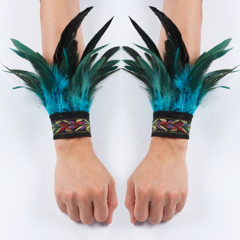Gothic Punk Feather Wrist Cuff Steampunk Gloves Bracelet Carnival Stage Showgirl Hand Sleeves Party Cosplay Feather Arm Warmer