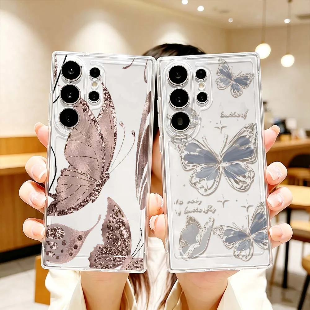Cartoon Blue Butterfly Pattern Phone Case For Samsung Galaxy S26 S25 S24 S23 S22 S21 S20 Ultra Plus FE Pro 5G Transparent Cover