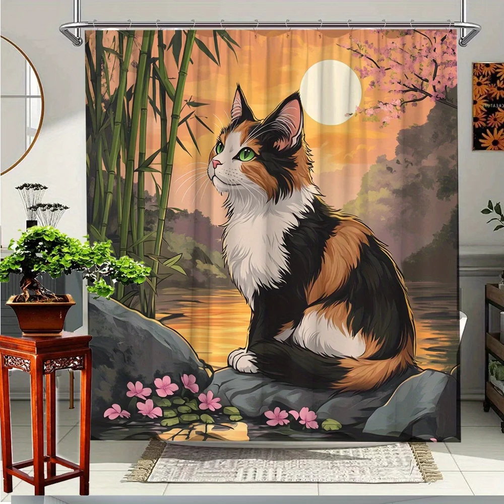 1pc Cat Sunset Shower Curtain - Colorful Nature Scene with Calico Cat, Bamboo & Cherry Blossoms, Polyester Fabric Bathroom Decor