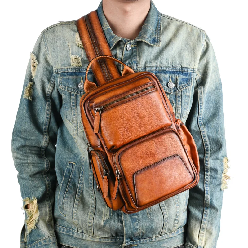 Men Chest Bag Small Backpack For Men Crossbody Bags Natural Vintage Leather Shoulder Messenger Bags Cowhide Travel Bag For Men