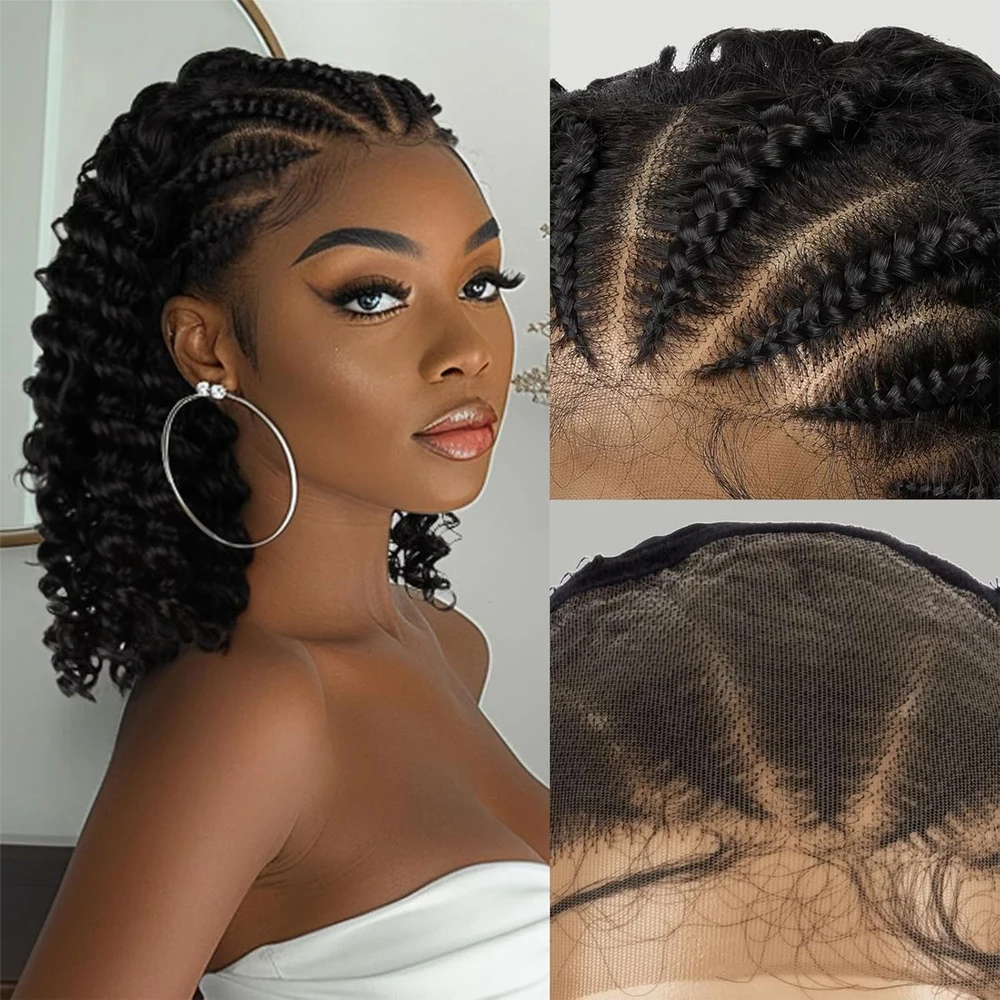 

Короткие вьющиеся кружевные фронтальные парики Плетеный Cornrow Вьющийся парик Боб Натуральный черный 13X6 Синтетический глубокий вьющийся парик фронта шнурка без узлов