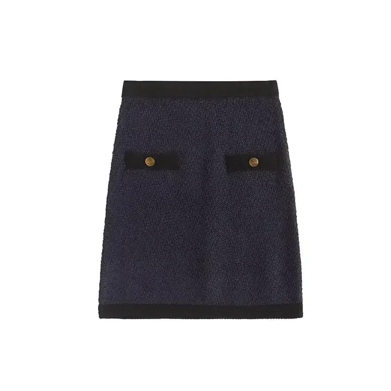 Pop 2024 Summer New Tweed Style Mini A- Skirt Gold Button Decor Women's Clothing MD Foreign Trade