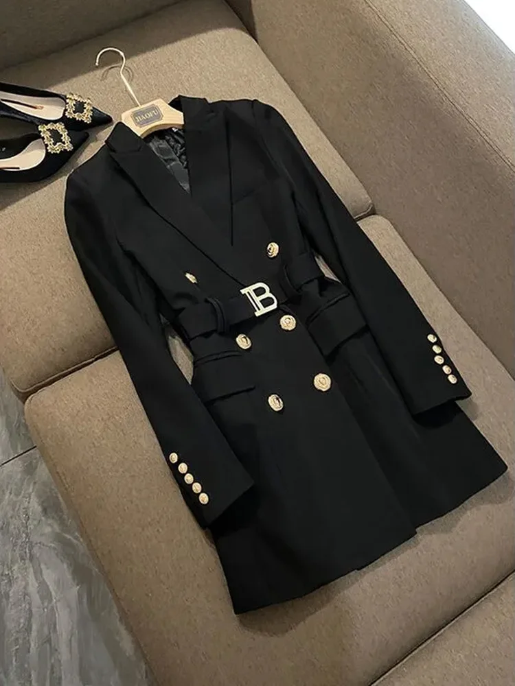 Vestido blazer trespassado com cinto para mulheres, casaco longo, entalhado estilo francês, preto, vermelho, verde, escritório, casaco longo