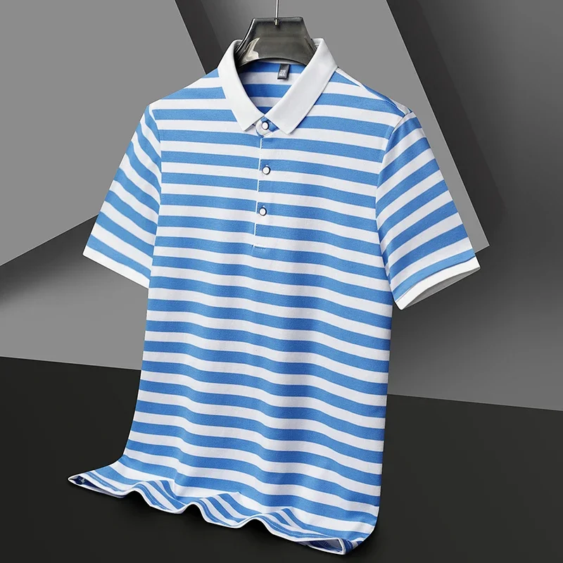 2024 Men\'s New Striped Cotton Business Casual Short sleeved POLO Shirt Fashion Short sleeved Comfortable and Breathable Top