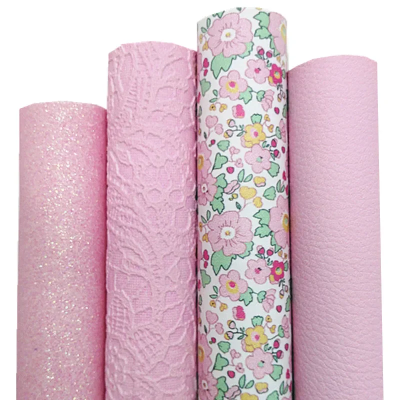 Pink Fine Glitter Leather Lace Embossed Faux Vinyl Flowers Printed Synthetic Leather Litchi Faux Fabric For Bow DIY 21x29CM Q617