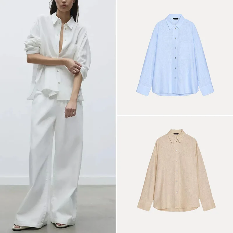 قميص كتان فضفاض بأكمام طويلة للنساء بياقة مقلوبة، موديل ربيع 2025 الجديد من زاداتا، أسلوب عملي بلون واحد