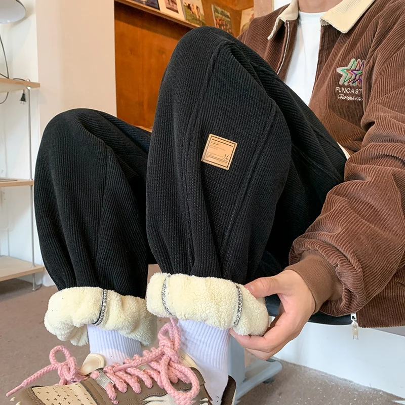 

Men's Winter Thiened Lamb Fur Lined Harlan Pants Casual Sports Trousers Elastic Waist Long Pants Faionable Youth Sle