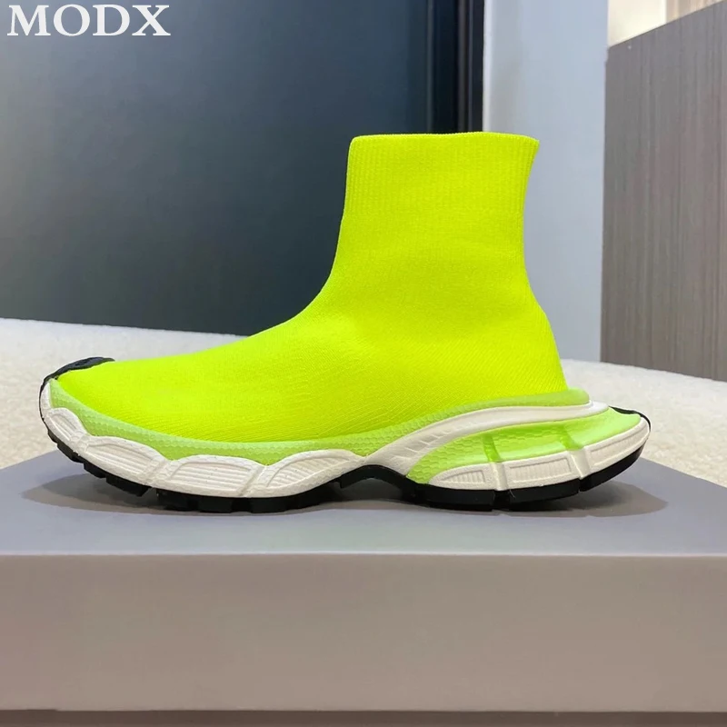 Knitted Chunky Sole Stretch Sneakers Fashion Slip On Casual Couple Sock Boot Height Increasing Breathable Sports Flat Shoe Women