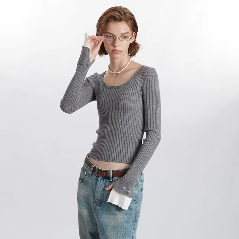 Slim Fit Knit Pullover Women's New Solid Color Casual Simple Style Long Sleeve Square Neck Top
