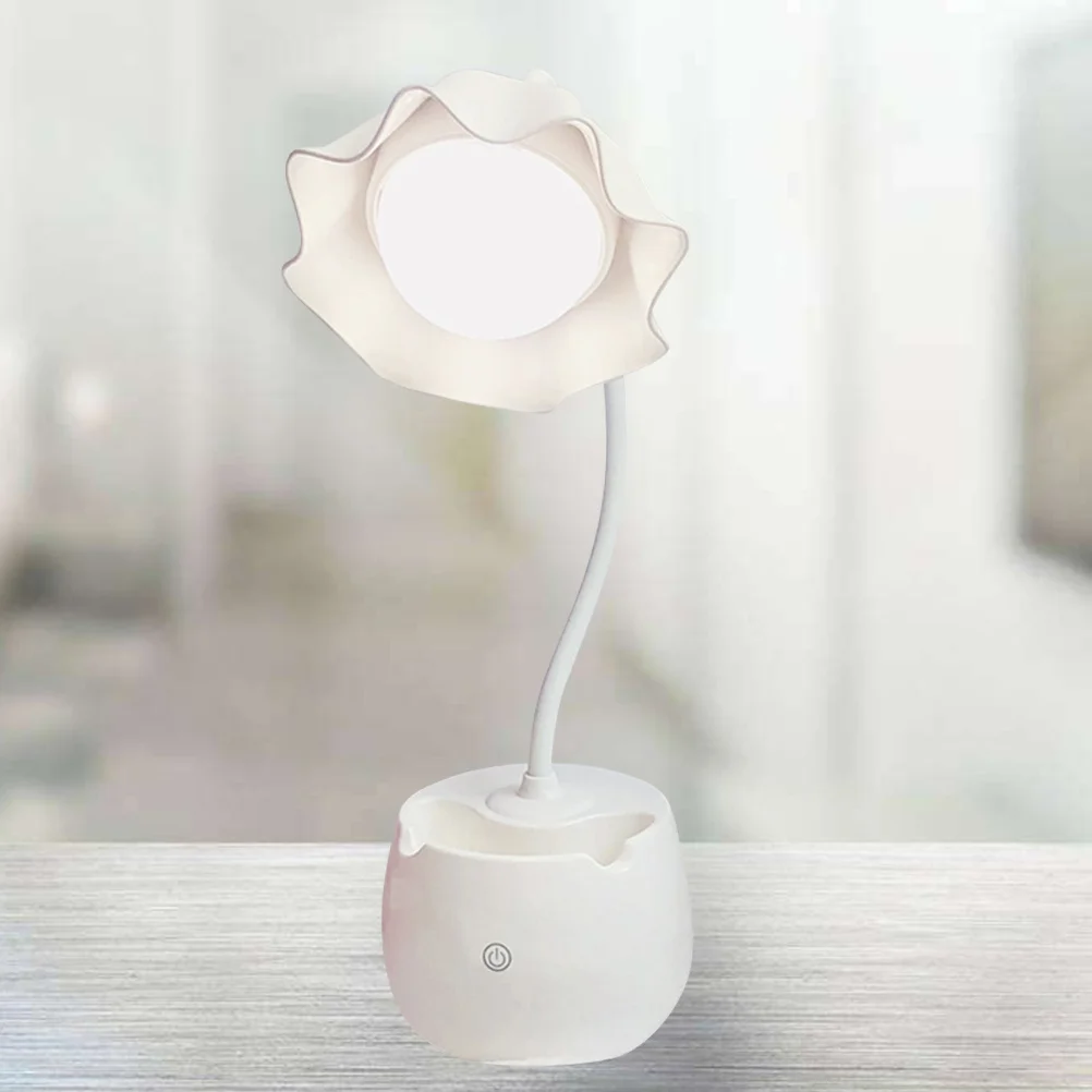 

Flower Design LED Desk Lamp White Touch Pen Holder for Study Office Protection USB Table Light