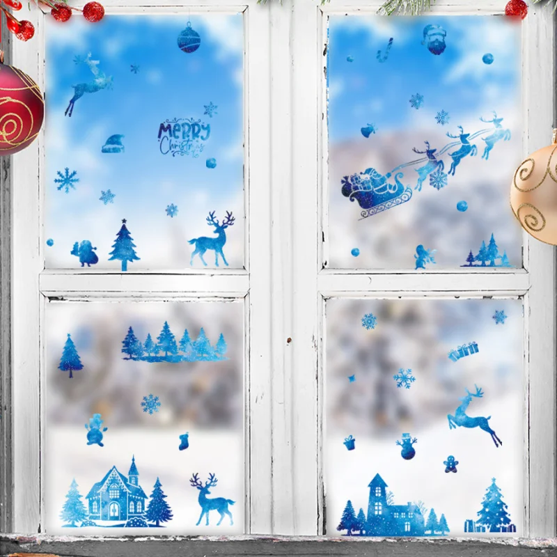 

Watercolor Gradient Ice Blue Christmas Reindeer Sleigh Tree Static Cling Window Sticker Glass Sticker Self-Adhesive Removable