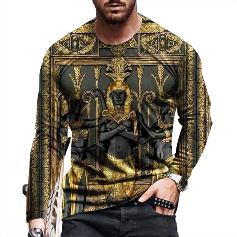 Men Ancient Shirt Long Sleeve Crew Neck Casual Pharaoh Hieroglyph 3D Printed Novelty Trendy Fashion New Stylish Soft Egyptian