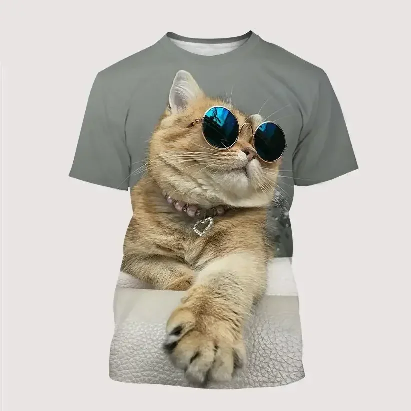 Summer Men's and Women's Short-sleeved Street Fashion Top New Cool Pet Cat 3D Printing Funny Cat Cool Round Neck T-shirt