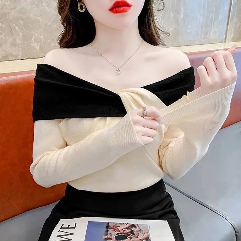 여성 의류 가을 겨울 한국 패션 대비 색상 섹시한 니트 스웨터 달콤한 시크 리본 디자인 긴 소매 슬림핏 탑