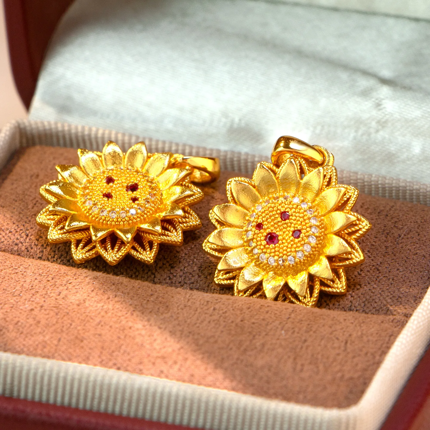 Luxury 24K 9999 Pure Gold real gold Women's Double-layer Sunflower Pendant Necklace