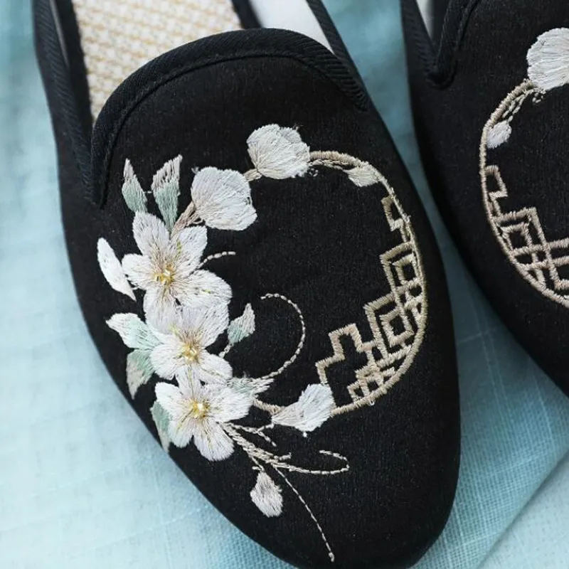 Ethnic Embroidered Satin Slippers for Women Vintage Dress Slides Female Backless Sandals, Spring and Summer Shoes