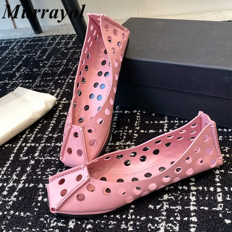 Solid Color Flat Bottom Ballet Shoes Women Genuine Leather Hollow Out Design Mary Jane Shoes  Spring Summer Sweet Single Shoes