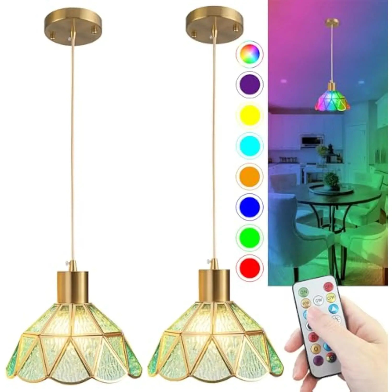 

2-Pack Battery Operated Pendant Light-Brass Art Glass Shade Hanging Light No Wiring, Chechargeable Light Bulbs with Remote-30+Hou