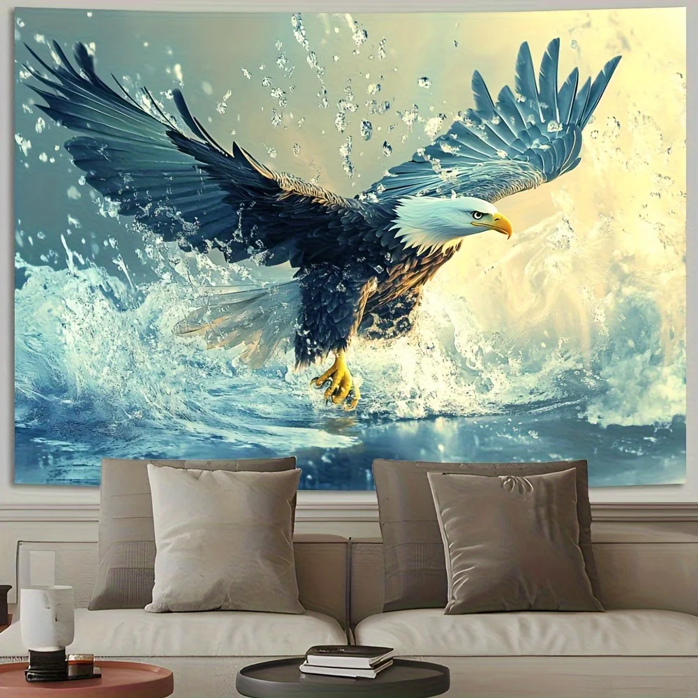 Grande Tapeçaria de Parede Majestosa Águia – Design Dinâmico de Águia de Estilo Líquido Vibrante, Tecido Bege Claro Pêssego Durável, Ind Horizontal