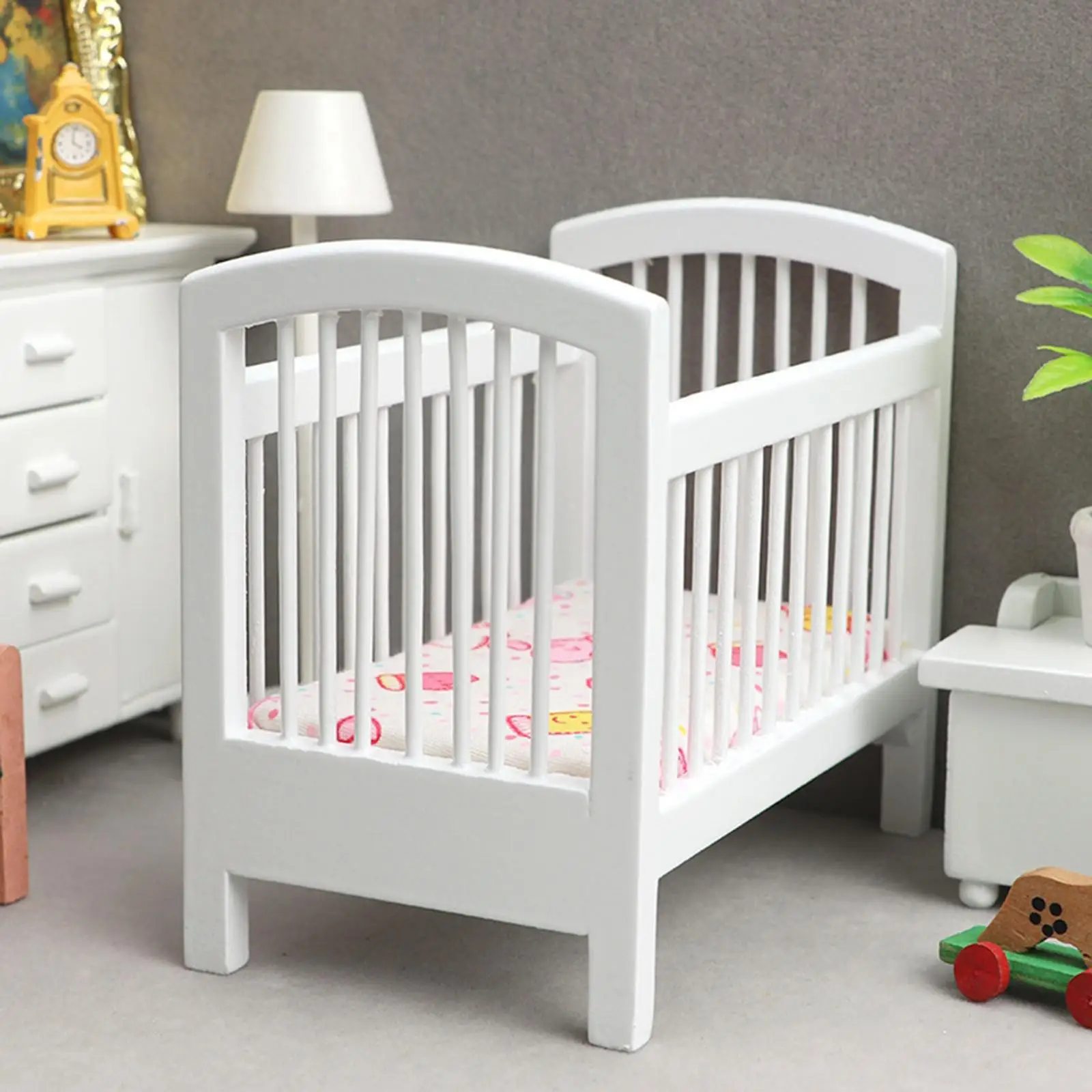 1/12 Scale Dollhouse Wooden Crib Baby Doll Cradle Simulation Furniture with